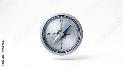 A silver and blue compass with a needle pointing north, symbolizing direction and guidance on a clean white background.
