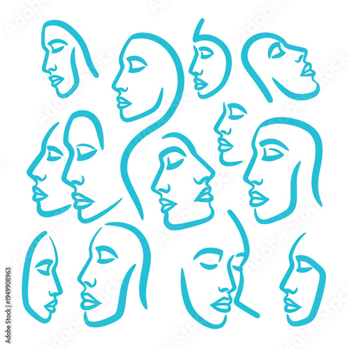 Continuous line art faces collection with blue profiles for modern wall decor