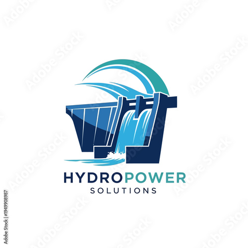 Hydropower Solutions Logo with Modern Hydroelectric Dam and Flowing Water on Isolated White Background