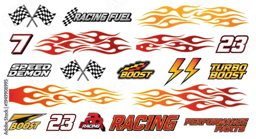 Racing Decals and Graphics with Flames and Checkered Flags.