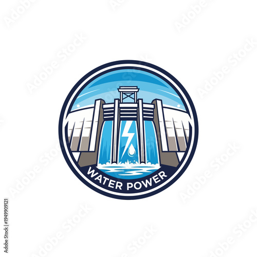Classic Water Power Logo Design with Hydroelectric Dam, Waterfall, and Lightning Bolt in a Circle, isolated white background