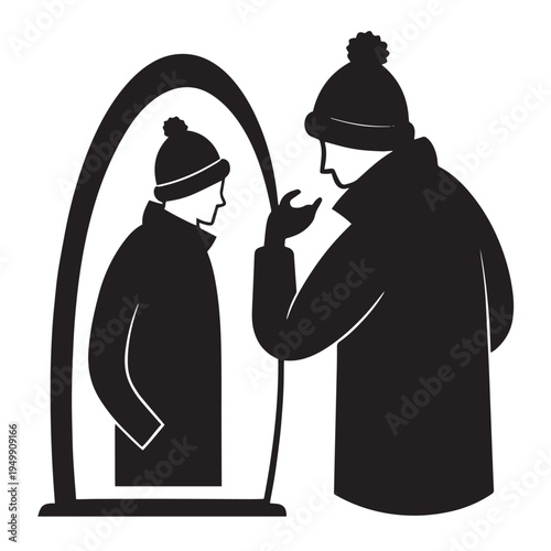Man in winter clothing looking at himself in mirror, contemplating personal reflection and identity during cold weather season