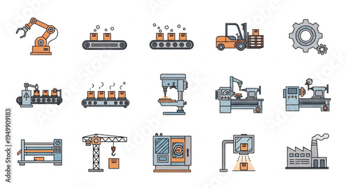 Illustrations of Industrial Machines and Manufacturing Equipment.