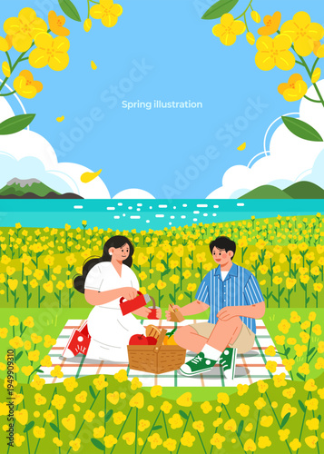 Illustration of a couple having a picnic in a vibrant yellow rape flower field