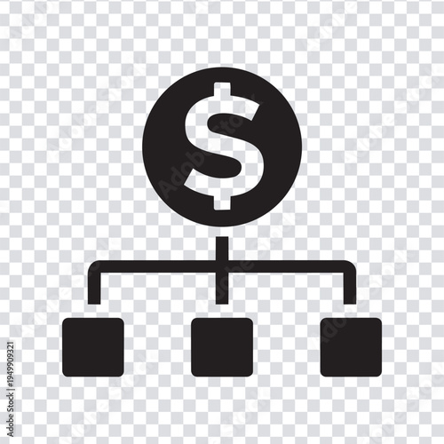 Vector illustration a black and white icon of a dollar sign connected to three squares on a transparent background