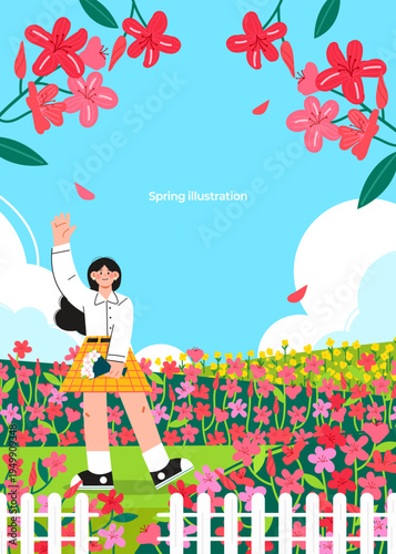 Illustration of a woman waving in a spring garden filled with pink azaleas and royal azaleas