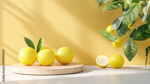 Lively 3D podium with lemon background, designed for fruit and cosmetic displays, featuring a yellow platform and natural wood details.