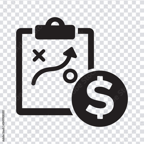 Vector illustration black and white icon of clipboard with growing chart and dollar sign