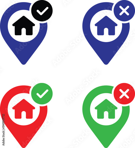 Icons representing verified and unverified home locations with approval and rejection symbols