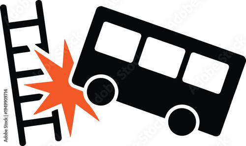 A bus colliding with a ladder causing a sparks explosion at the impact point