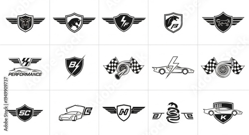 Collection of racing emblems and badges with wings and shields.