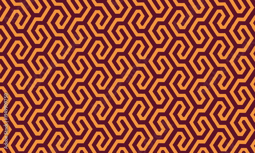 Ethnic geometric seamless pattern with interlocking orange shapes on a dark burgundy background.