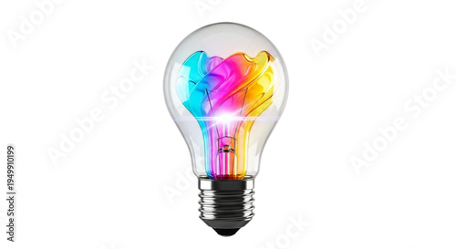 Vibrant creative idea concept with colorful rainbow light swirls inside a glowing light bulb isolated on white for innovation and brainstorming