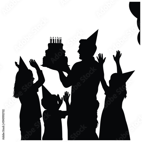 Family birthday party silhouette with cake and children wearing hats