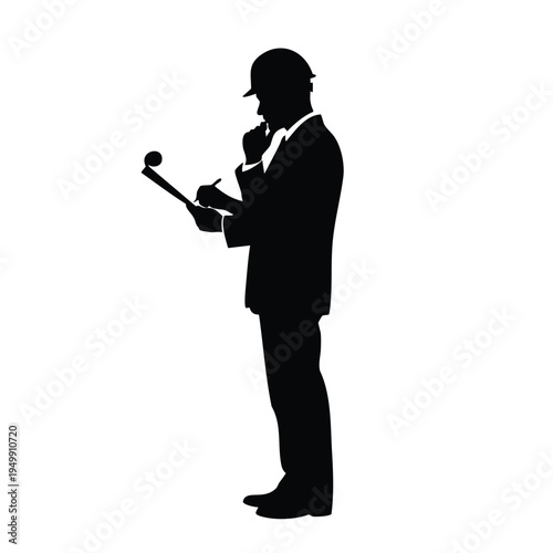 Engineer standing with clipboard and pen silhouette analyzing data