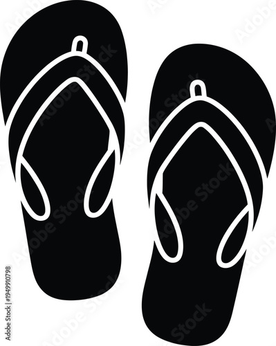 A pair of black flip-flops with white straps displayed side by side