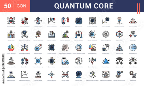 Quantum Core Icon Set. quantum computer, entanglement, schrodingers cat, super position, teleportation and more. Flat Line Style vector icons collection.