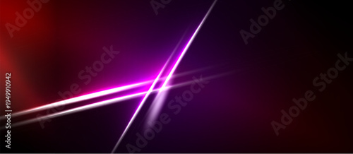 Abstract background features vibrant purple, red light streaks. Dark space dominates composition, creating dramatic effect.