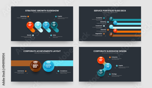 Creative Showcase 4 5 2 3 Option Infographic Slideshow Layout Collection. Professional Innovation Four Five Two Three Element Graph Slide Design Vector Illustration Bundle.