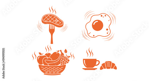Morning breakfast and healthy fruit icons including fried egg and fresh steak with a warm cup of coffee and delicious croissant.