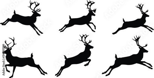 Reindeer silhouette vector, leaping wildlife motion design, antler animal illustration, black white festive graphic, cad drawing flat vector illustration