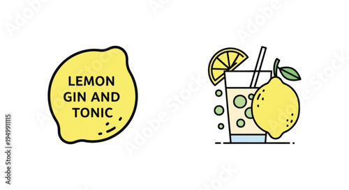 Lemon Gin and Tonic Line art minimal vivid abstract color vector