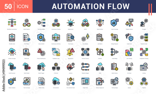 Automation Flow Icon Set. workflow automation, build pipeline, test automation, continuous testing, deployment and more. Flat Line Style vector icons collection.