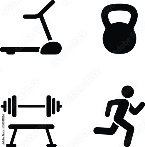 Four essential icons representing different types of physical exercises and fitness activities