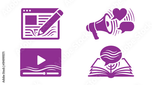 Creative Content Marketing Icons Representing Digital Blogging Megaphone Announcement Online Video Production and Open Book Education for Global Brand Growth