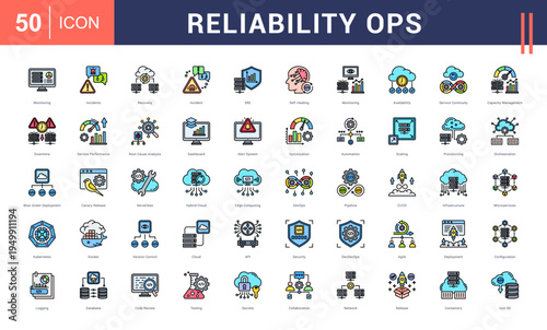 Reliability Ops Icon Set. monitoring, incidents, recovery, incident, sre and more. Flat Line Style vector icons collection.