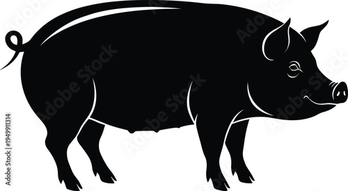 Pig silhouette facing right in profile view, livestock concept, cad drawing flat vector illustration, farm animal design, agriculture reference art