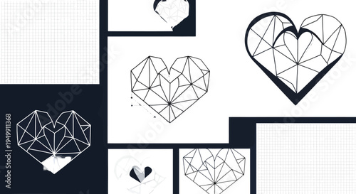 Heart shapes in geometric patterns on white background