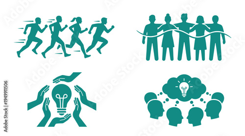 Team Success and Brainstorming Icons Depicting People Running Together Unity Connection Protecting Creative Ideas and Group Thinking for Innovation