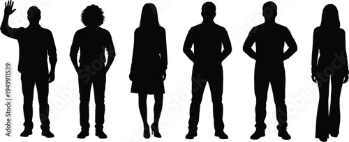 Professional people silhouettes standing in row, confident corporate teamwork, leadership, diversity, modern workforce, office culture, career success, unity, cad drawing flat vector illustration.eps