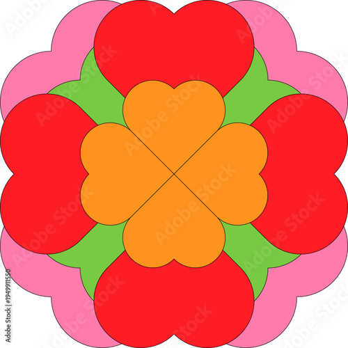 Photos The design features a pattern of hearts in different colors arranged in a circular form