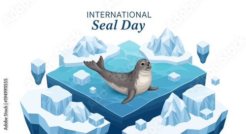 An illustration of a seal on a melting ice floe surrounded by icebergs on International Seal Day to raise awareness for seal conservation and marine mammal protection.