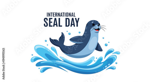 A cartoon seal swims through waves on International Seal Day, promoting marine mammal conservation awareness with a playful illustration design.