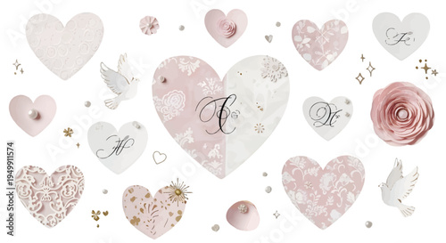 Illustration of hearts and doves in pastel colors on white