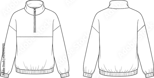 Technical flat sketch illustration of pullover jacket front and back view with zipper collar and elastic cuffs