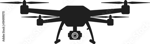 Quadcopter drone silhouette with gimbal camera, aerial imaging technology, modern UAV design, cad drawing flat vector illustration