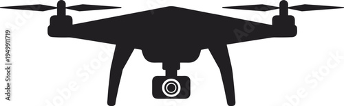 Quadcopter drone silhouette with camera, aerial photography concept, modern UAV design, surveillance technology, cad drawing flat vector illustration