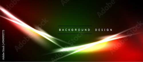 Abstract background features vibrant light streaks. Red, green, yellow hues blend into dark space. Modern design element.