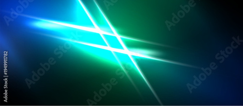 Abstract light streaks, vibrant blues, greens dominate. Diagonal lines intersect, creating dynamic visual effect. Dark background enhances luminosity.