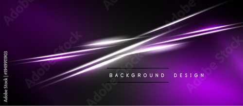 Abstract purple background features dynamic light streaks. Modern design elements create sleek visual impact. Minimalist aesthetic suits various projects.