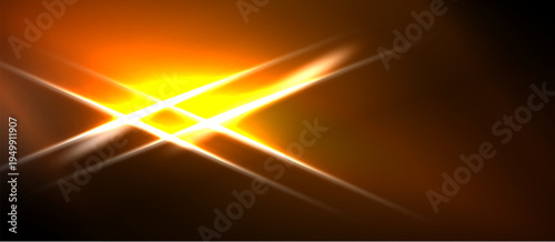 Bright light flares radiate from central point. Orange hues dominate dark background. Intense glow creates dynamic visual effect.