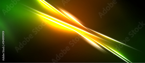Abstract energy streaks, vibrant colors blend. Green, orange, yellow radiate from dark background. Dynamic light creates visual impact.
