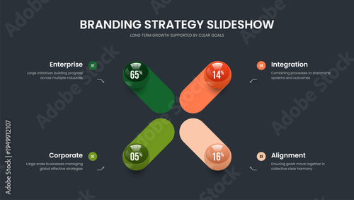 Advertising Showcase 4 Step Infographic Slideshow Design. Science Briefing Four Element Chart Slide Layout. Enterprise Introduction Frame Template Vector Illustration.