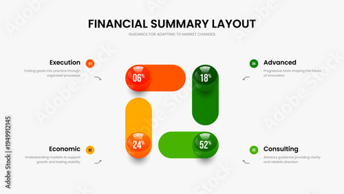 Advertising Introduction Slideshow Design Vector Illustration. Service Solution 4 Step Infographic Slide Template. Modern Growth Four Element Diagram Presentation Layout.