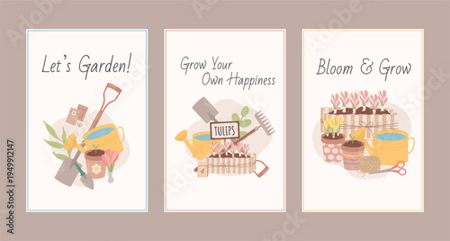Set of 3 modern gardening posters in flat style, featuring garden tools, watering cans, seed packets, potted flowers and motivational quotes. Perfect for spring decor, gardening themes, home wall art