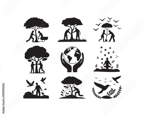 Collection of black silhouette depicting people caring for trees planting gardening and meditating Keywords: nature